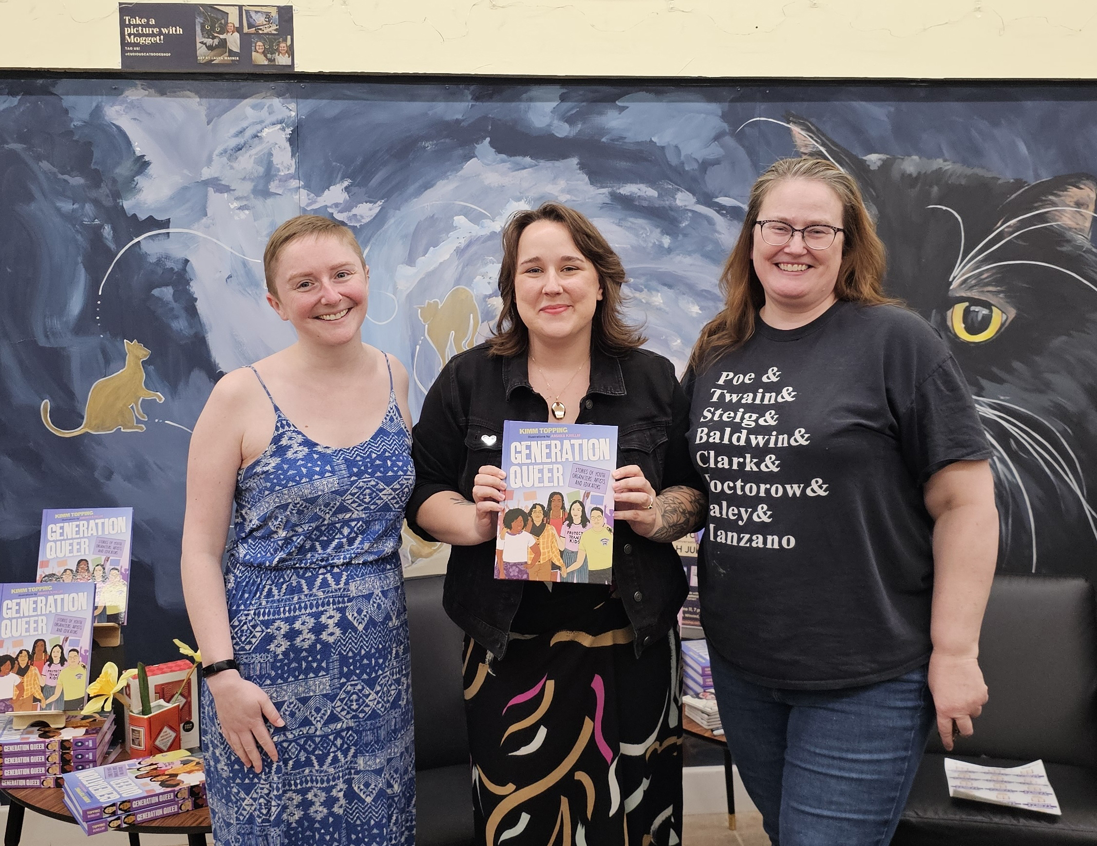 Agent Lauren Scovel, author Kimm Topping, and editor/publisher Stacy Whitman at a book event for Kimm's Generation Queer at The Curious Cat Bookshop in Winsted, CT
